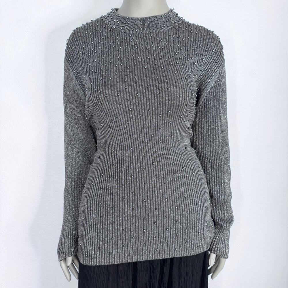 90s Y2K Sparkly Silver Beaded Sweater Glam Party New Years Plus Size 2X VINT